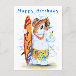 Funny Birthday Card with Snowman Surfer