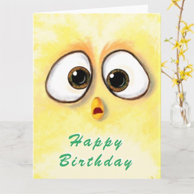 Funny Birthday Card with Surprised Chicken Eyes (Yellow Flower)