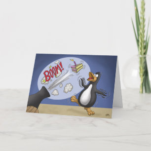 Funny Birthday Cards: Penguin Cake Cannon Card