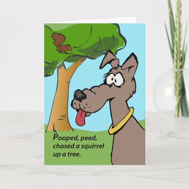 Funny Birthday, Cartoon Dog, Squirrel in a Tree Card (Front)