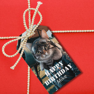 Funny Birthday Cat Pilot Aeroplane Cool Aviation Gift Tags