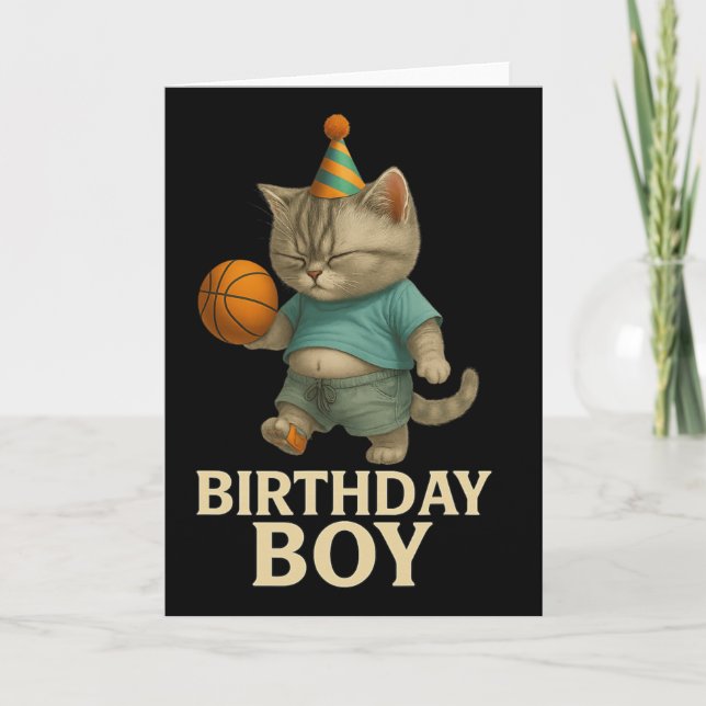 Funny Birthday Cat Playing Sketll – Slam Dunk Kity Card (Front)