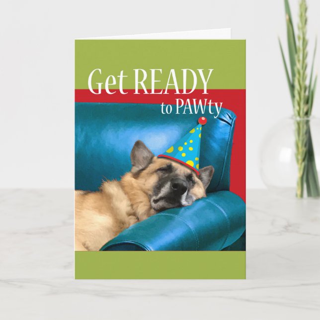 Funny Birthday, Dog Asleep on Couch with Party Hat Card (Front)