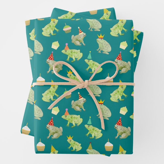 Funny Birthday Frogs Hand-Illustrated Cute Toads Wrapping Paper Sheet (In situ)