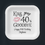 Funny Birthday Kiss Your Decade Goodbye Paper Plate<br><div class="desc">Funny Birthday Kiss Your Decade Goodbye Paper Plates. Celebrate a birthday beginning a new decade with these funny party napkins featuring an editable decade modern typography design for the saying KISS YOUR DECADE GOODBYE (the sample shows 40s for a 50th birthday) and personalised with your custom text. CHANGES: The personalised...</div>
