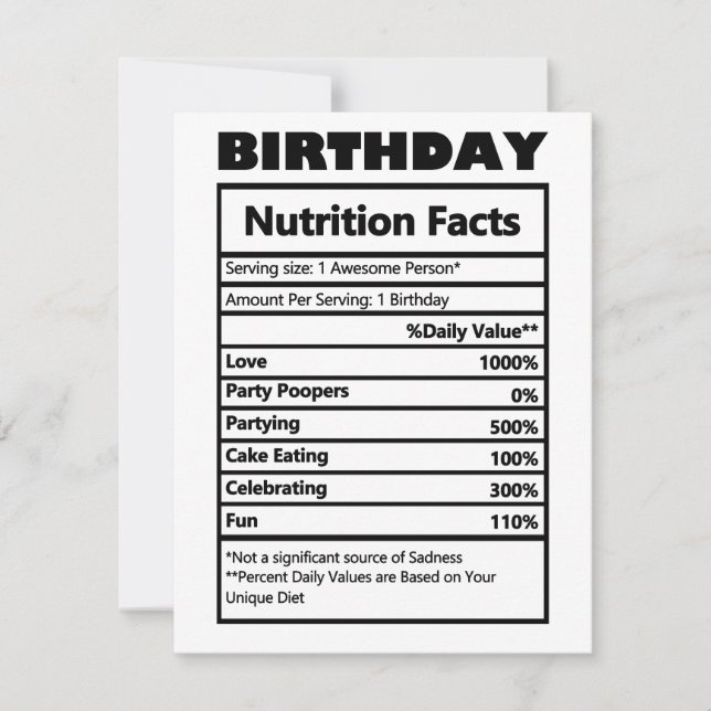 Funny Birthday Nutrition Facts  Holiday Card (Front)