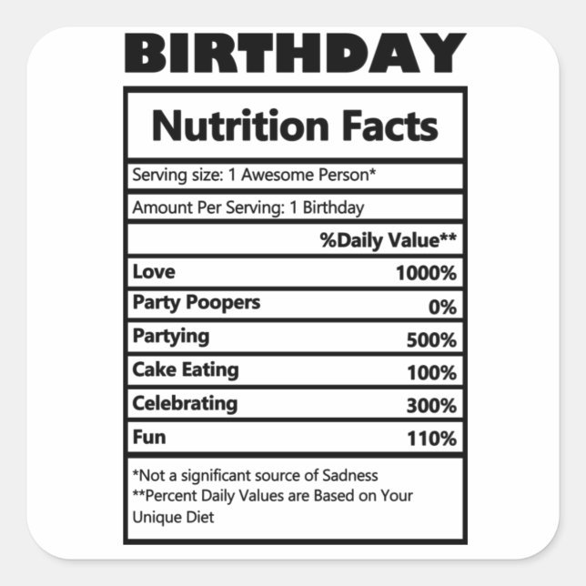 Funny Birthday Nutrition Facts Square Sticker (Front)