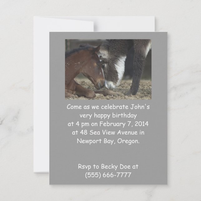 Funny Birthday Party Invite Horse customisable (Back)