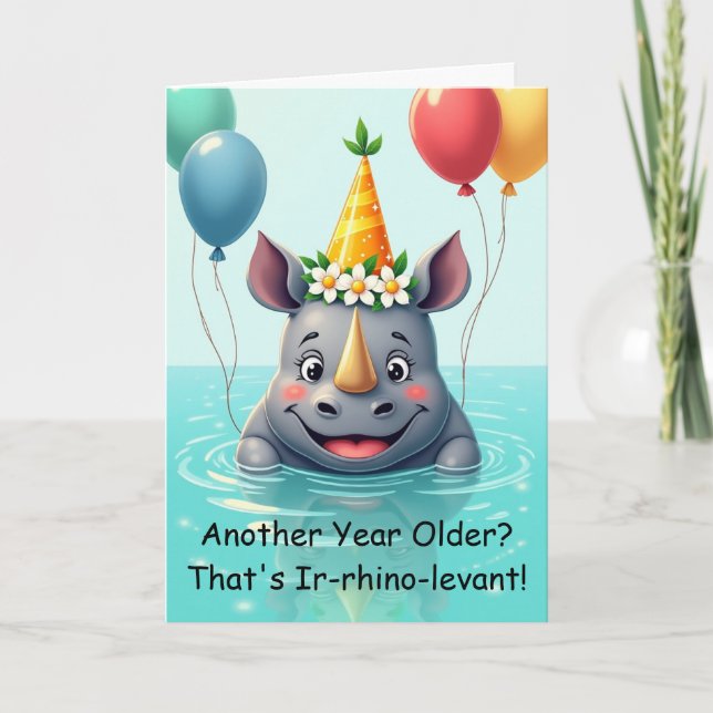 Funny Birthday Rhino Party Hat & Balloons Card (Front)
