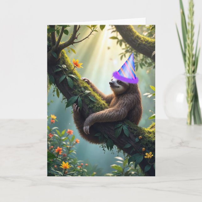 Funny Birthday Sloth In a Rainforest Card (Front)