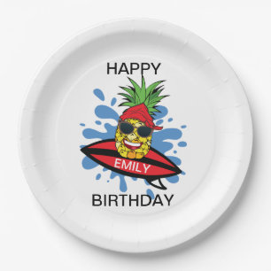 Funny Birthday Surfing Pineapple Paper Plate
