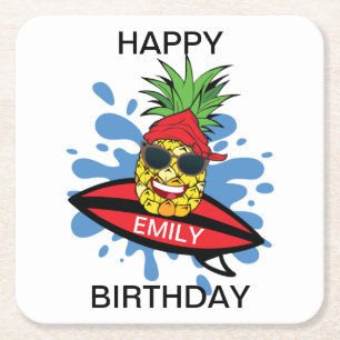 Funny Birthday Surfing Pineapple Square Paper Coaster