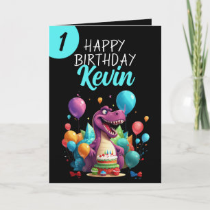Funny Black and Teal Trex Boy 1st Birthday Card