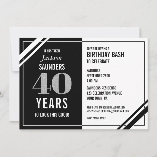 Funny  Black and White 40th Birthday Party Invitation (Front)