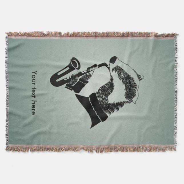 Funny Black and White Badger Saxophone Throw Blanket (Front)