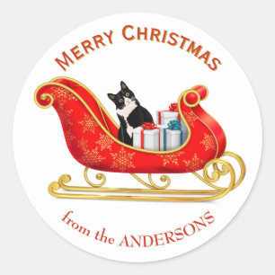 Funny Black and White Cat Christmas Sleigh Classic Round Sticker