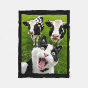 Funny Black And White Cat Cow Selfie  Fleece Blanket