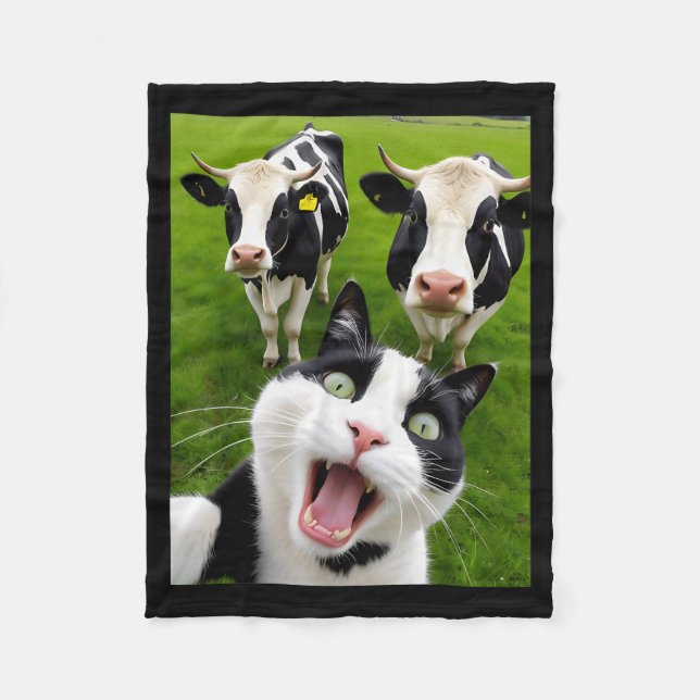 Funny Black And White Cat Cow Selfie  Fleece Blanket (Front)