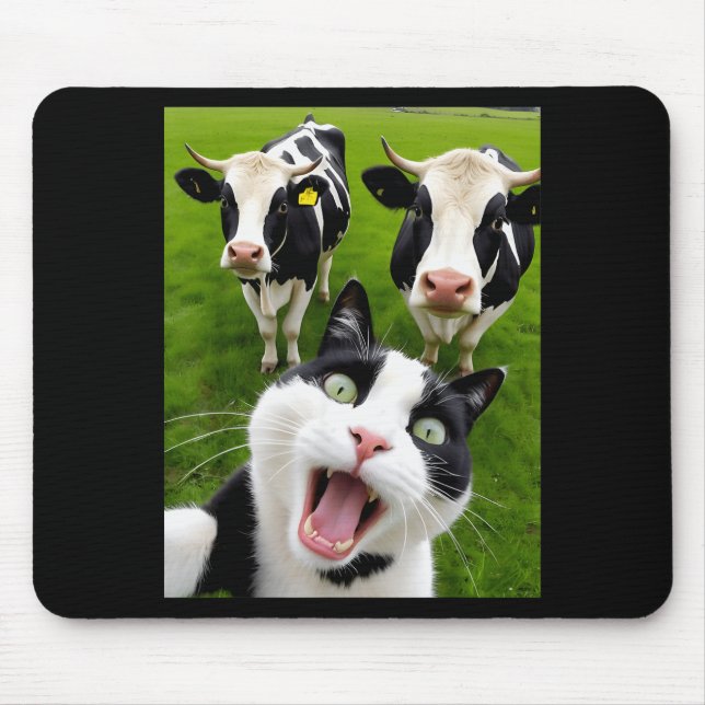 Funny Black And White Cat Cow Selfie  Mouse Mat (Front)