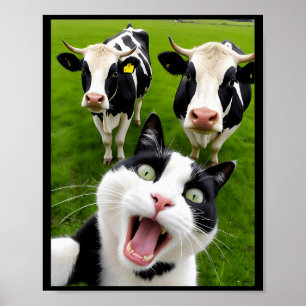 Funny Black And White Cat Cow Selfie  Poster
