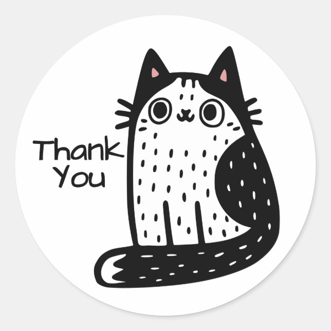 Funny Black And White Cat Thank You  Classic Round Sticker (Front)