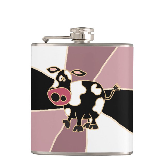 Funny Black and White Cow Art Hip Flask (Front)