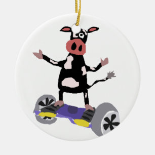 Funny Black and White Cow on Hoverboard Ceramic Tree Decoration