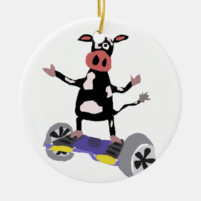 Funny Black and White Cow on Hoverboard Ceramic Tree Decoration (Front)