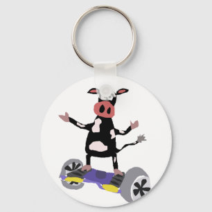Funny Black and White Cow on Hoverboard Key Ring