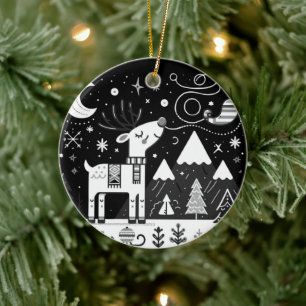 Funny Black and White Reindeer Pattern Ceramic Tree Decoration