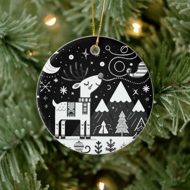 Funny Black and White Reindeer Pattern Ceramic Tree Decoration (Tree)