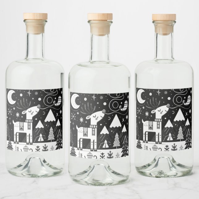 Funny Black and White Reindeer Pattern Liquor Bottle Label (Bottles)