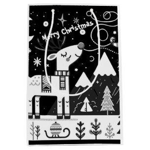 Funny Black and White Reindeer Pattern Medium Gift Bag