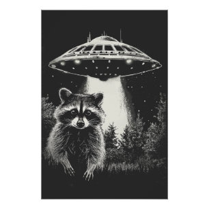Funny Black and White Space Racoon UFO  Poster