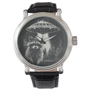 Funny Black and White Space Racoon UFO  Watch