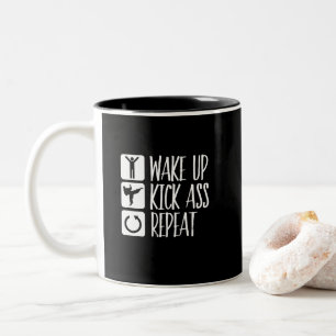 Funny Black Belt Martial Arts Wake Up Kick Repeat Two-Tone Coffee Mug