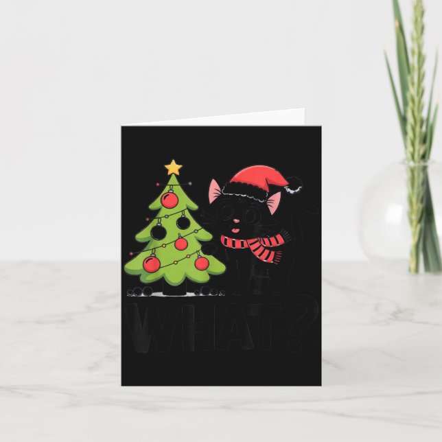 Funny Black Ca Pushing Christmas Tree Over Cat Wha Card (Front)