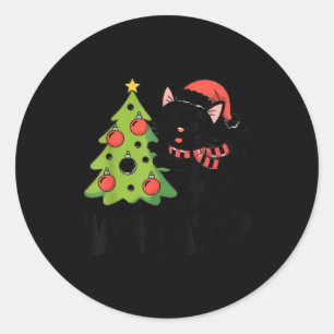 Funny Black Ca Pushing Christmas Tree Over Cat Wha Classic Round Sticker