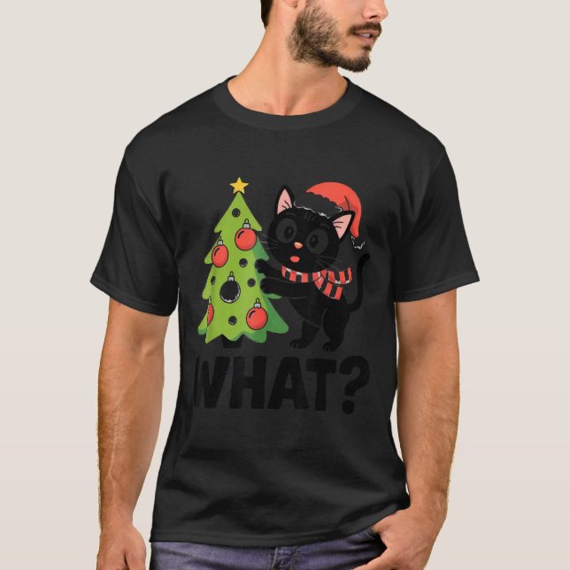 Funny Black Ca Pushing Christmas Tree Over Cat Wha T-Shirt (Front)