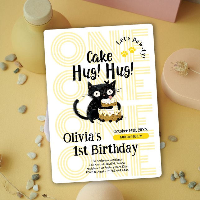Funny Black Cat 1st Birthday Party Invitation (Cute Black Cat 1st Birthday Party Invitation)