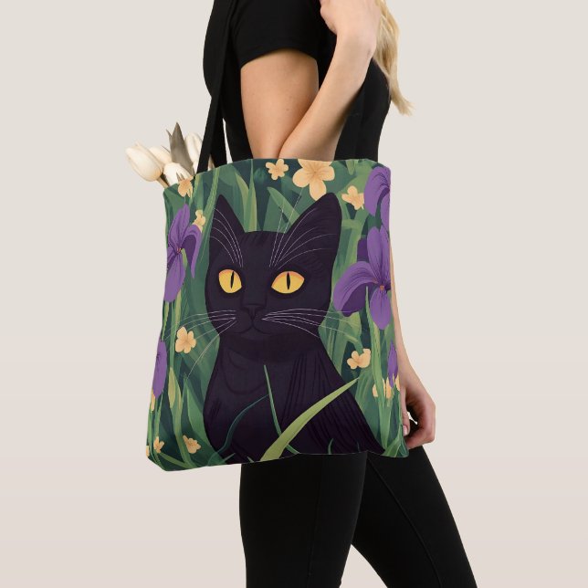 Funny Black cat and Beautiful Flower Tote Bag (Close Up)