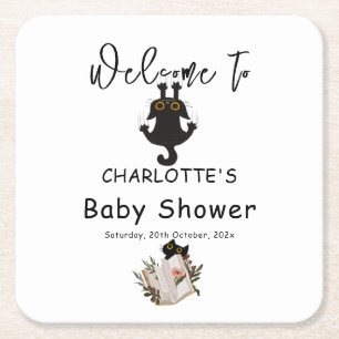 Funny Black Cat and Book Baby Shower Square Paper Coaster