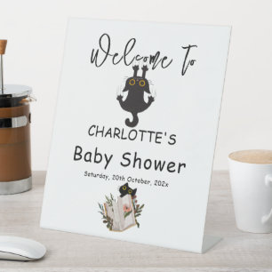 Funny Black Cat and Book Baby Shower Welcome Pedestal Sign