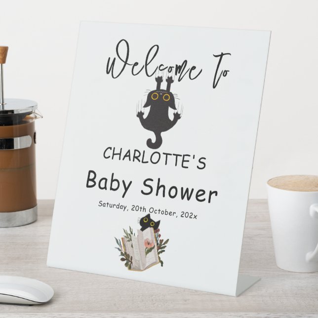 Funny Black Cat and Book Baby Shower Welcome  Pedestal Sign (In SItu)