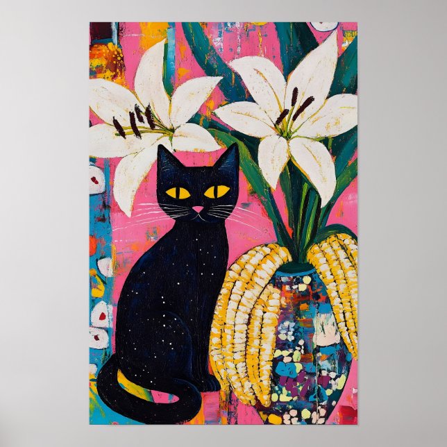 Funny Black Cat and Flower Vase  Poster (Front)
