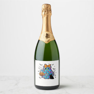 Funny Black Cat and Ghost Halloween Essential T-Sh Sparkling Wine Label