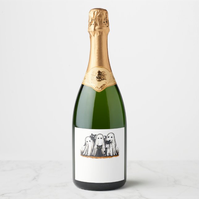Funny Black Cat and Ghost Halloween Essential T-Sh Sparkling Wine Label (Front)