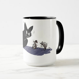 Funny Black Cat and Scared Mice Cartoon Coffee Mug