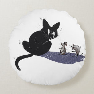 Funny Black Cat and Scared Mice Cartoon Round Pill Cushion