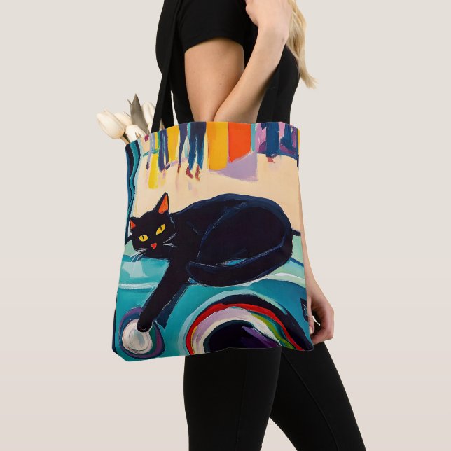 Funny Black Cat and Washing Machine Tote Bag (Close Up)